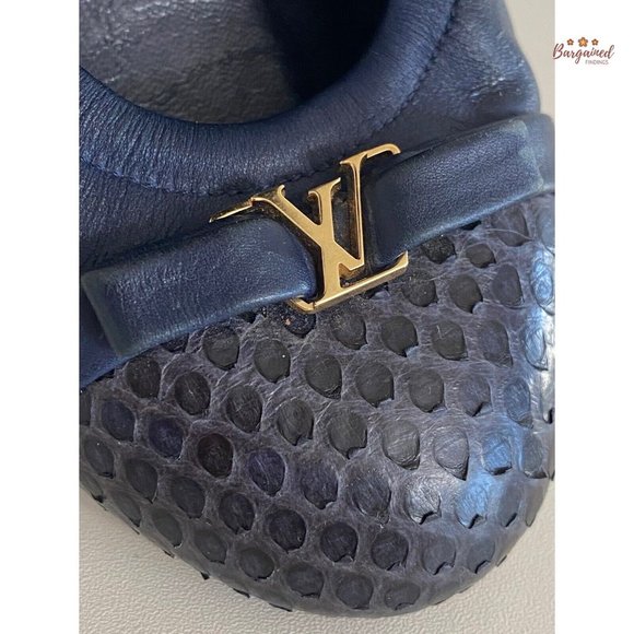 Authentic Louis Vuitton Navy Leather Reptile Toe Bow Scrunch Ballet Flats 37/7 - Picture 2 of 13